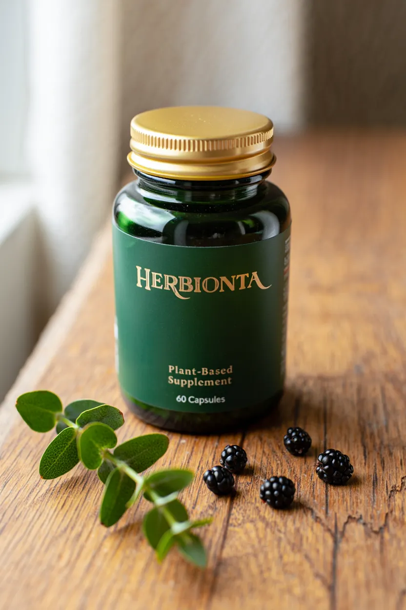 Herbionta plant-based supplement bottle with natural botanical ingredients displayed on a wooden surface